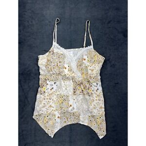 No Boundaries Womens L Yellow Floral Patchwork Lace Trim Handkerchief Camisole